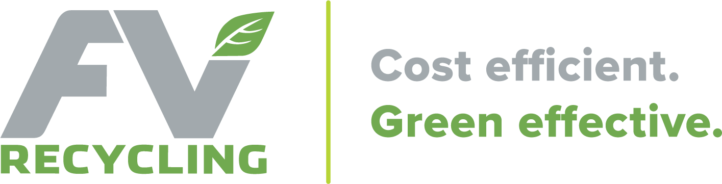 Capital "FV" with a green leaf at the top right point of the "V" with "Recycling" spelled in green caps + tagline "Cost efficient. Green efficient."