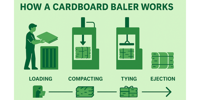 Infographic showing how a cardboard baler works: loading cardboard, compacting it with hydraulic pressure, tying the bale with wire, and ejecting it for storage or sale. Green icons illustrate each step on a light green background.