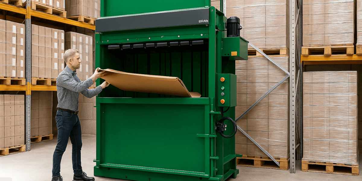 A man loads flattened cardboard into a large green cardboard baler in a warehouse. The machine stands between tall racks of shrink-wrapped boxes, and the man wears a checkered shirt, jeans, and boots while operating the baler.