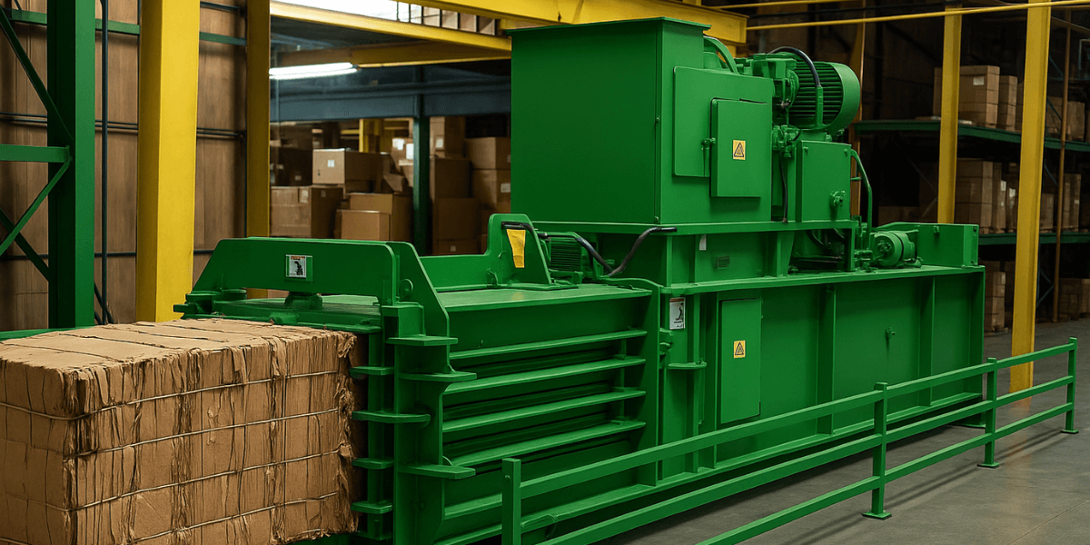 Green horizontal baler compressing cardboard bales inside a warehouse with yellow safety rails and stacked boxes in the background.