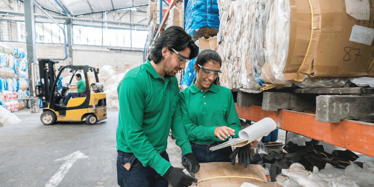 Two employees looking at a clipboard in a recycling center.