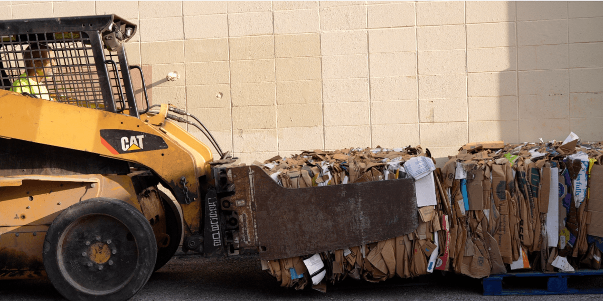 FV Recycling operator using a Cat skid steer loader to move a large baled cardboard stack along an exterior facility wall.