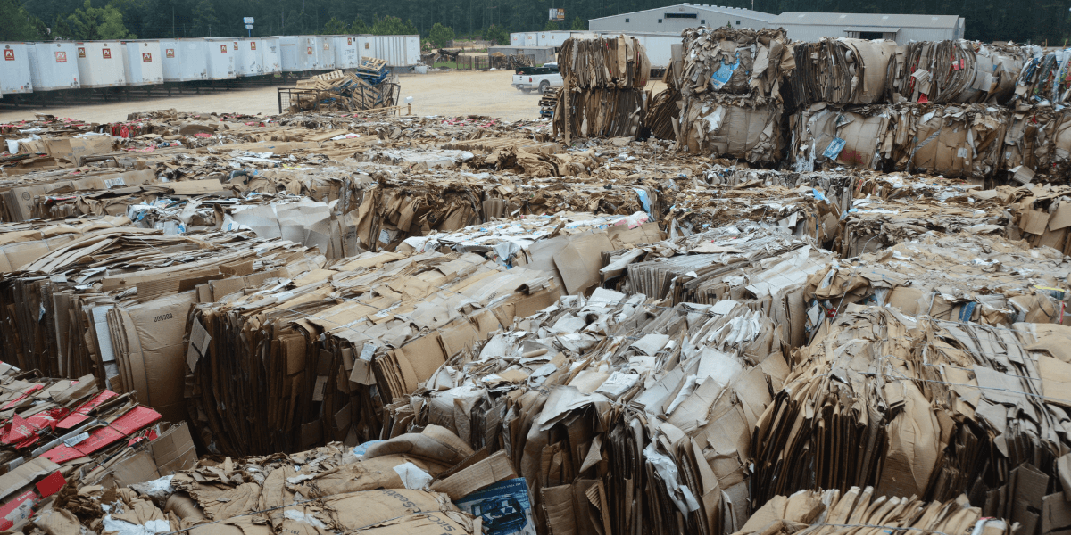 Large stacks of baled OCC cardboard staged for processing at a commercial recycling facility.