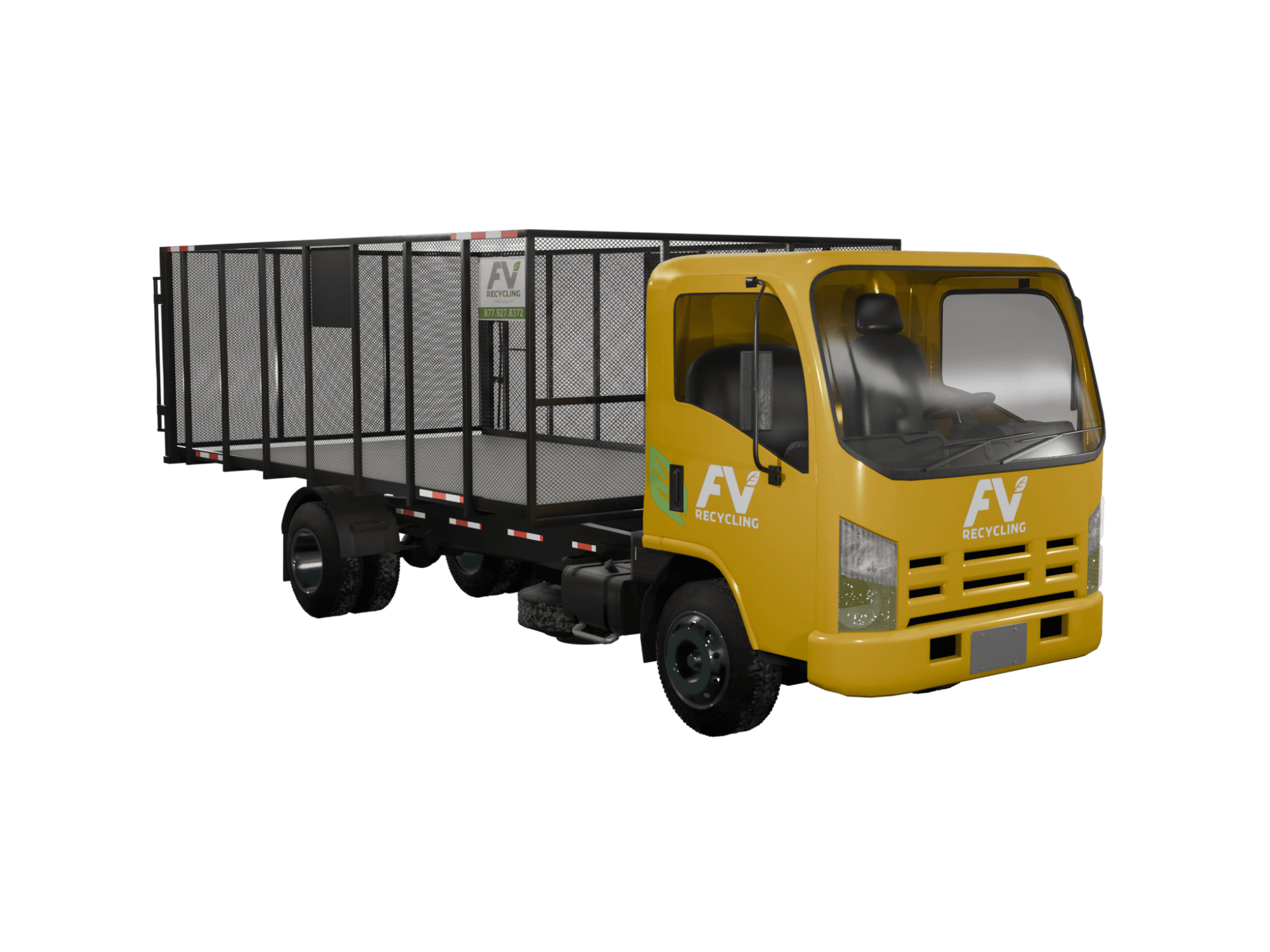 A yellow and black FV Recycling bin and truck.