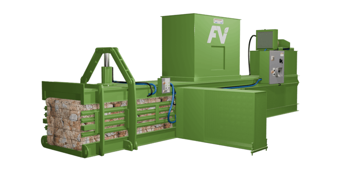 Industrial horizontal cardboard baler from FV Recycling, processing compacted bales of cardboard with hydraulic operation and control panel visible.