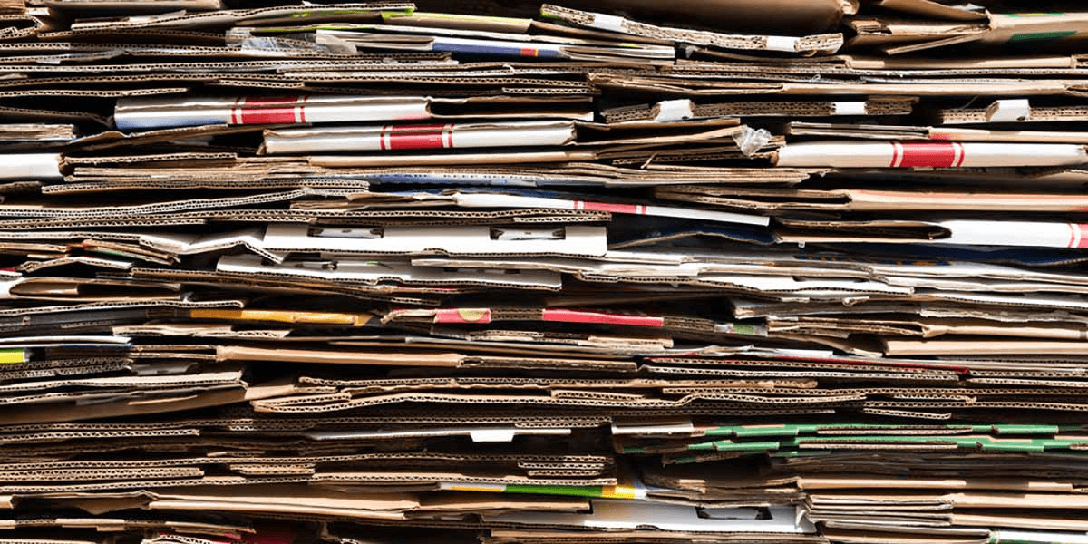 Stacks of compressed cardboard boxes for recycling