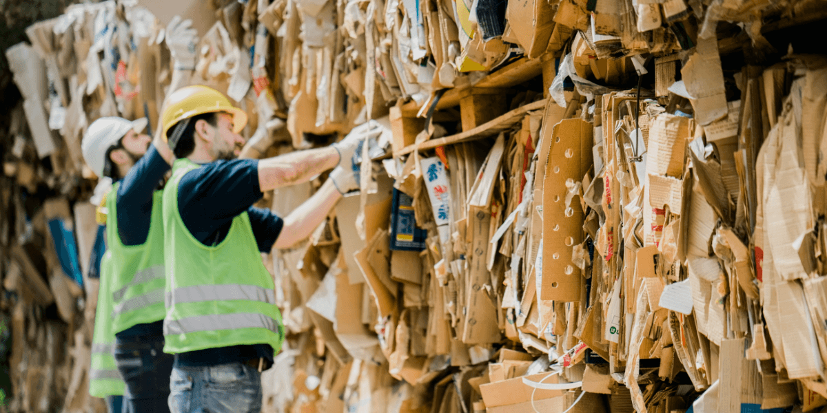 Two men with hard hats and safety vests looking through stacks of cardboard material that's ready to be recycled with FV Recycling