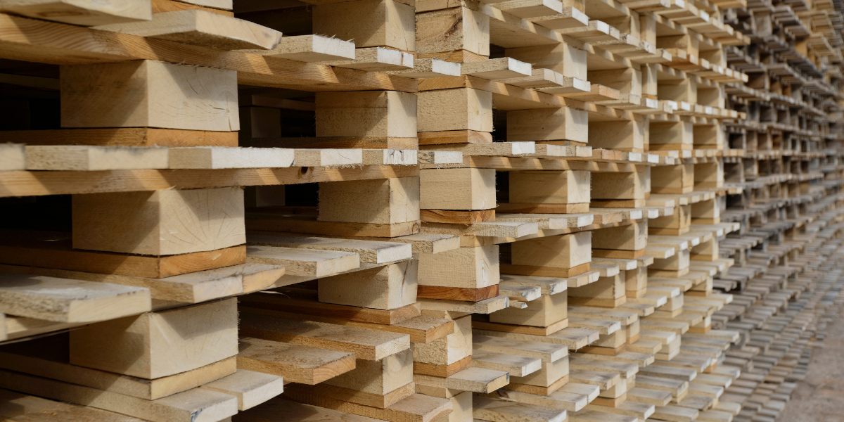 Multiple stacks of wooden pallets stacked in a warehouse. 